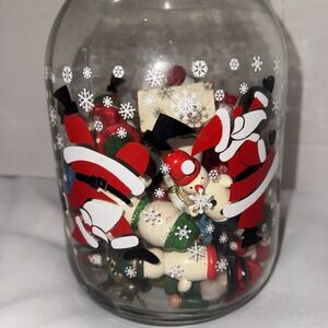 Vtg Anchor Hocking Tumbling Santa Snow  Glass‎ Canister And 46 Wooden Ornaments